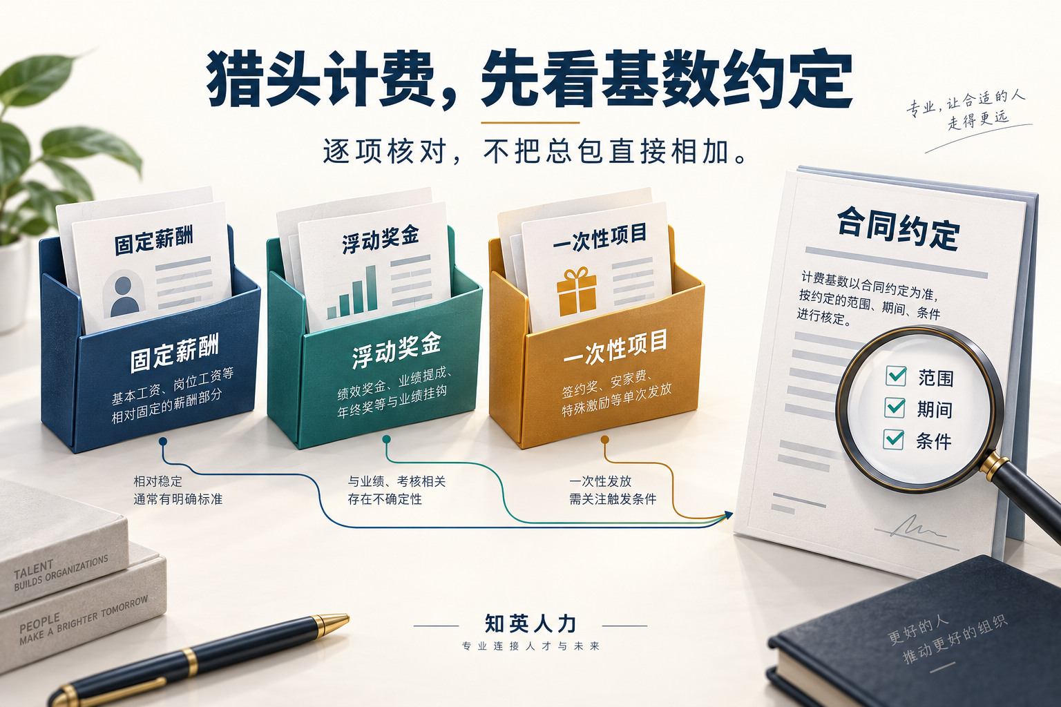 固定薪酬、浮动奖金和一次性项目分别对应合同中的范围、期间与条件
