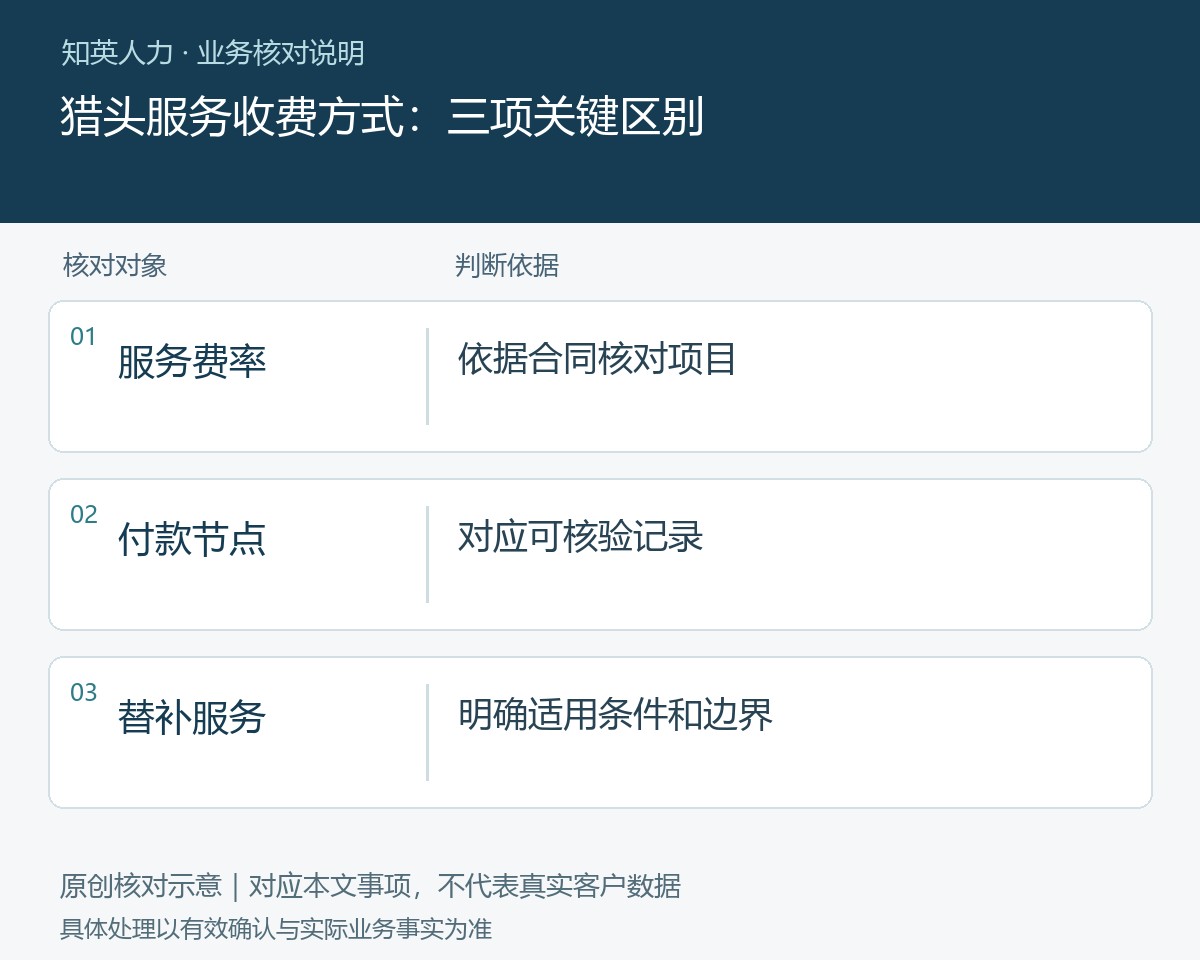 猎头服务收费方式的服务费率、付款节点、替补服务对照图