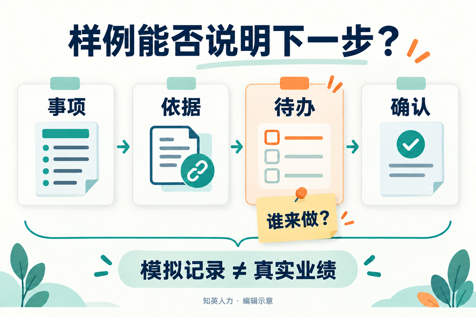 交付样例的事项、依据、待办和确认相互对应，并说明谁负责下一步