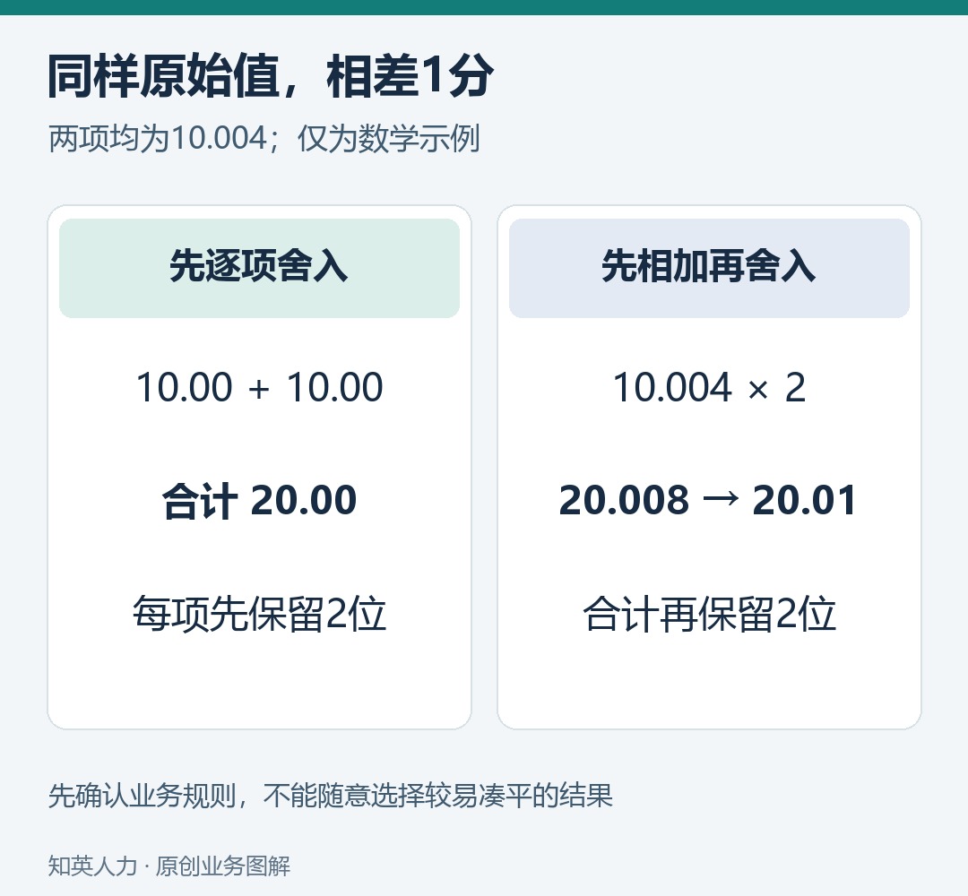 两个10.004逐项舍入合计20.00，汇总后舍入为20.01