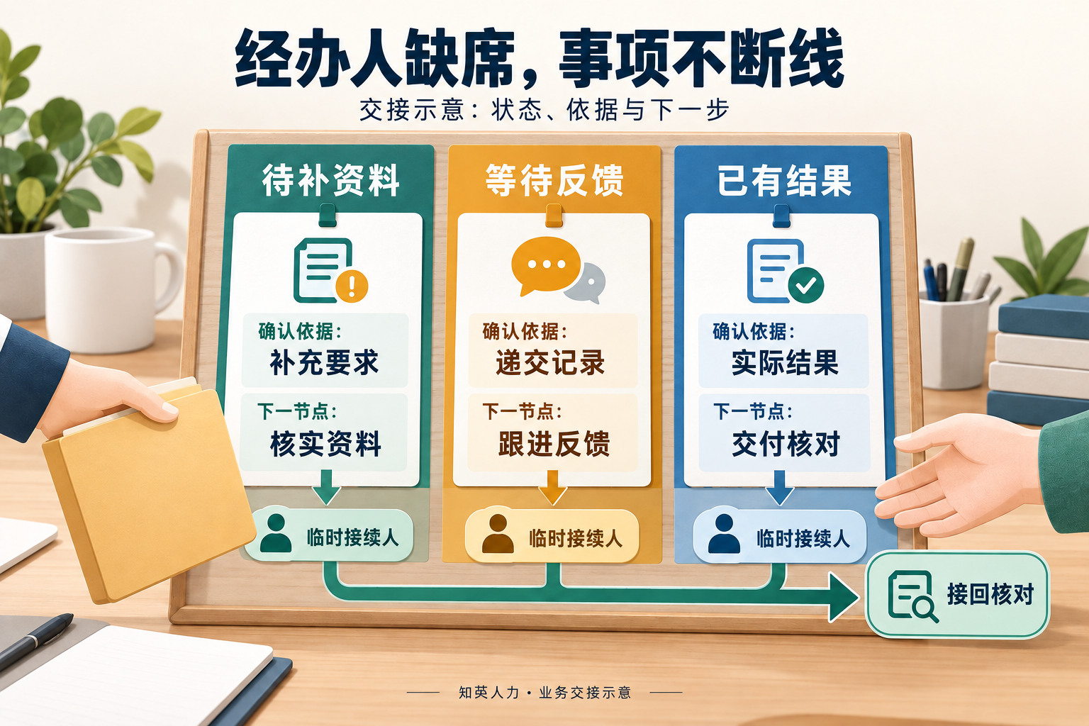 未结事项按待补资料、等待反馈和已有结果交接，分别说明依据与下一节点