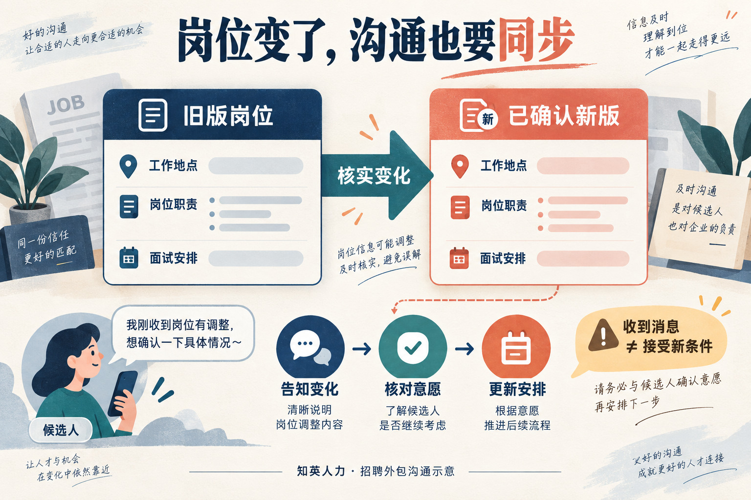 招聘岗位旧版与确认新版对照，告知变化后核对候选人继续参与的意愿